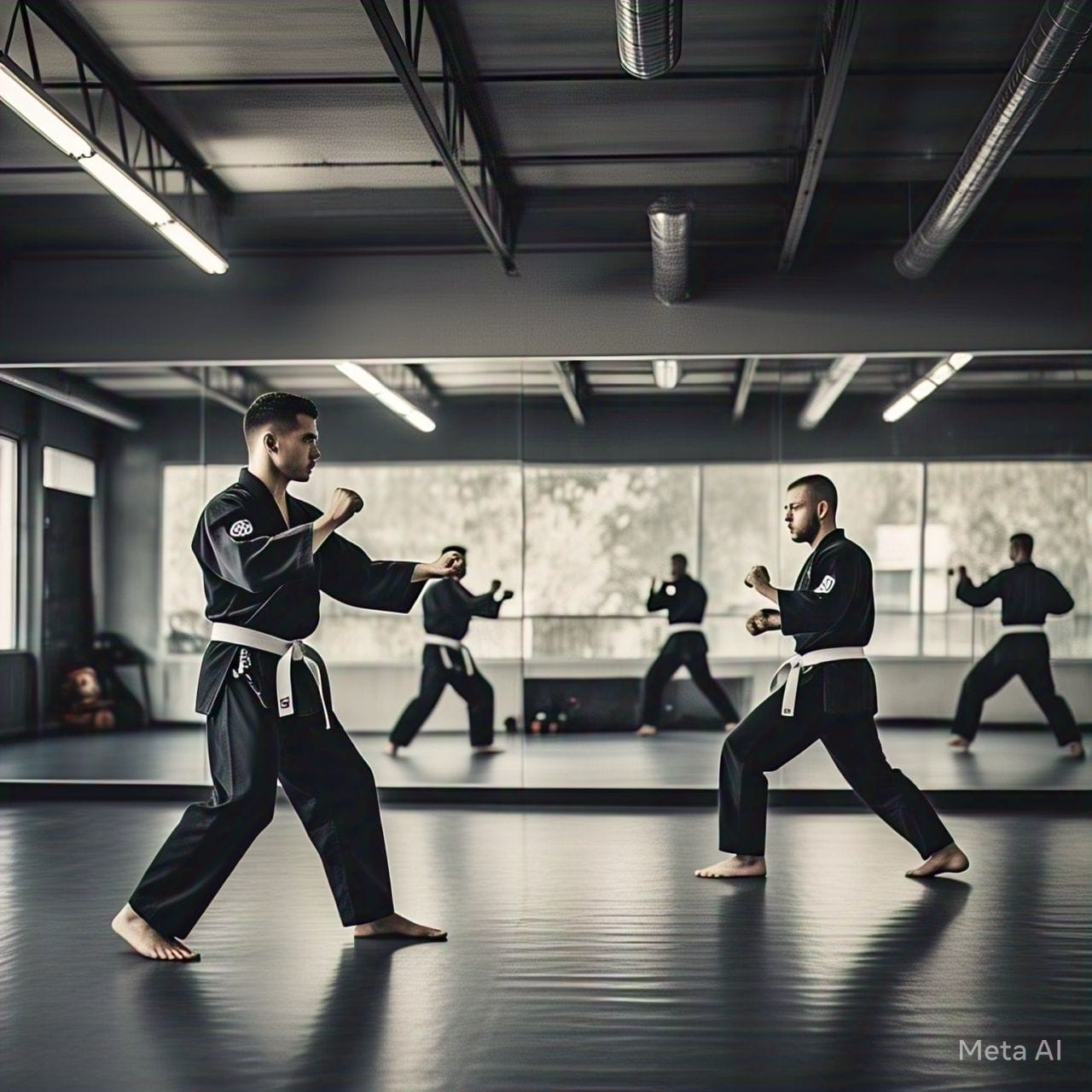 Fit athlete performing an intense martial arts workout in a gym, showcasing strength and agility with dynamic movement