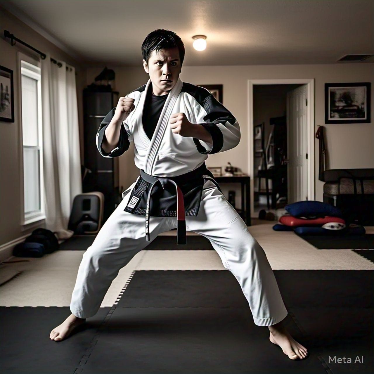 Martial artist performing a side kick in a living room space, demonstrating proper form for a home martial arts workout with minimal equipment.