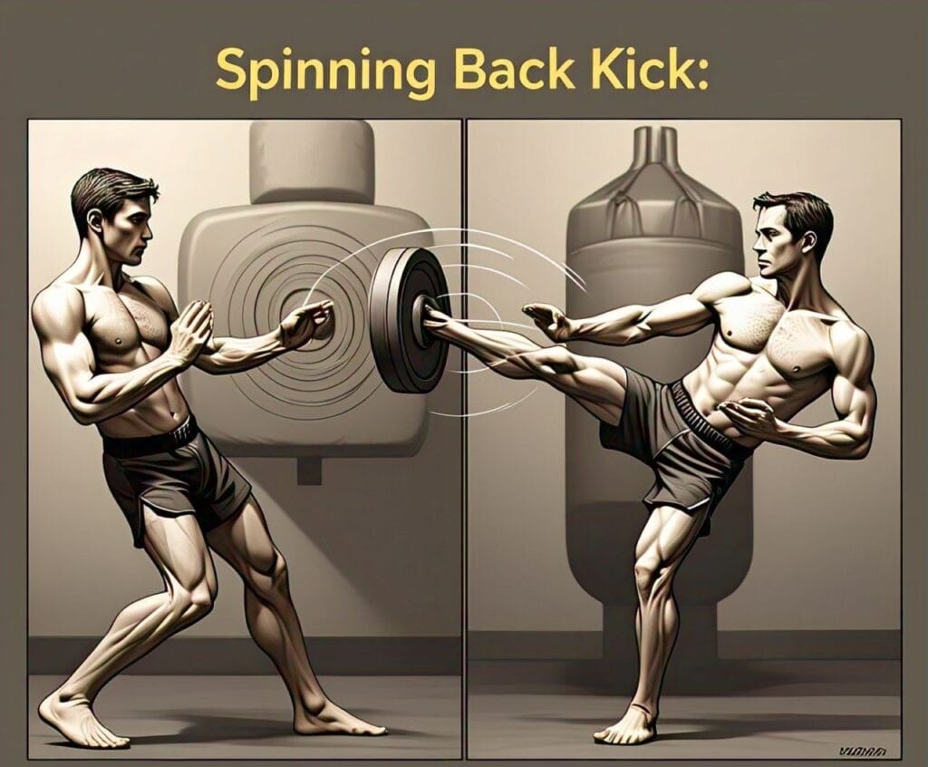 How to Do It:Start in a fighting stance.Pivot on your front foot while turning your body sideways.Spot your target over your shoulder, then snap your back leg around in a powerful kick.Return to stance and repeat.